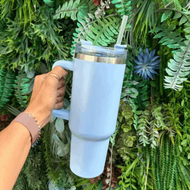 Copo Caneca Térmica Inox com Alça e Canudo 1200 ml - Azul Bebê (Normal)