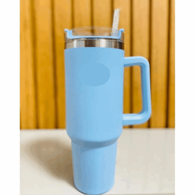 Copo Caneca Térmica Inox com Alça e Canudo 1200 ml - Azul Bebê (Normal)