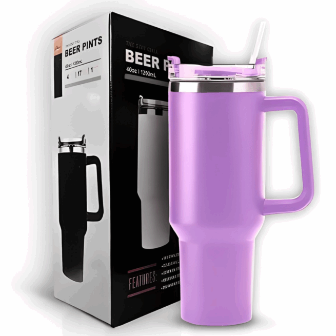 Personalizado - Copo Caneca Térmica Inox 1200 ml com Alça e Canudo – Lilás – Elegância e Funcionalidade