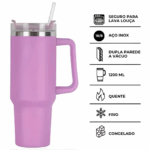 Personalizado - Copo Caneca Térmica Inox 1200 ml com Alça e Canudo – Lilás – Elegância e Funcionalidade