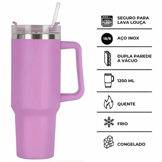 Personalizado - Copo Caneca Térmica Inox 1200 ml com Alça e Canudo – Lilás – Elegância e Funcionalidade