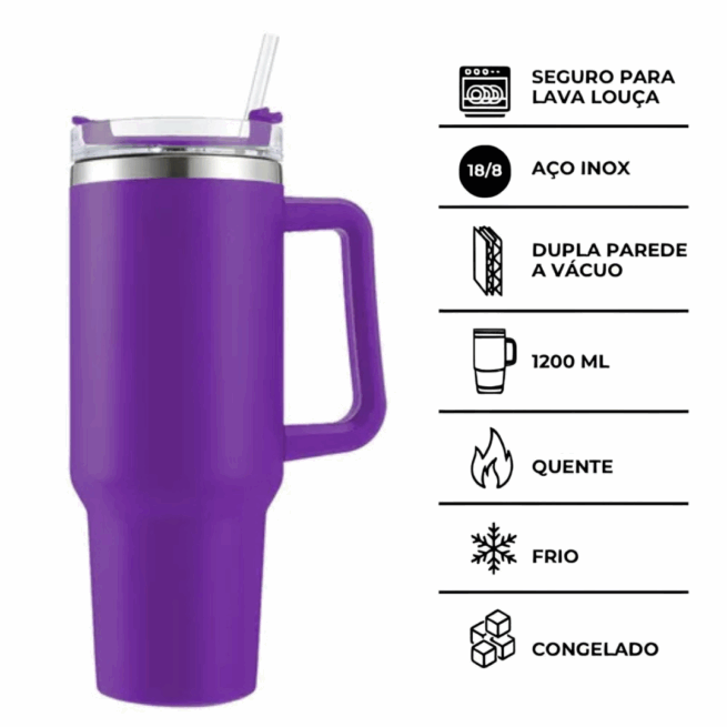 Copo Caneca Térmica Inox com Alça e Canudo 1200 ml - Roxo (Normal)
