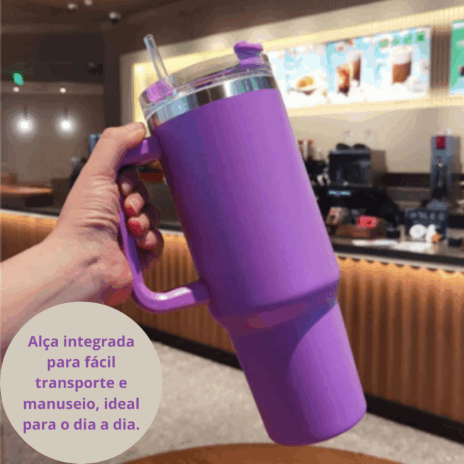 Copo Caneca Térmica Inox com Alça e Canudo 1200 ml - Roxo (Normal)