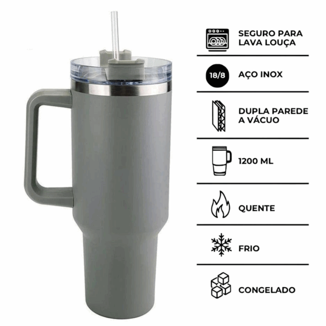 Normal – Copo Caneca Inox 1200 ml com Alça e Canudo – Cinza