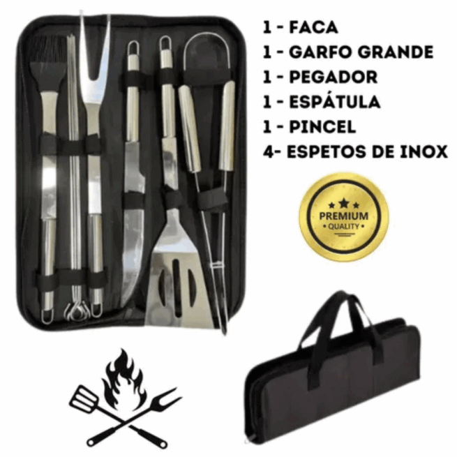 Conjunto de Churrasco De Luxo 9 Peças Inox Profissional C/ Maleta - BM-F1026