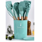 Conjunto de Utensílios de Cozinha 12 Peças Silicone com Cabo de Madeira - Azul