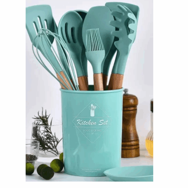 Conjunto de Utensílios de Cozinha 12 Peças Silicone com Cabo de Madeira - Azul