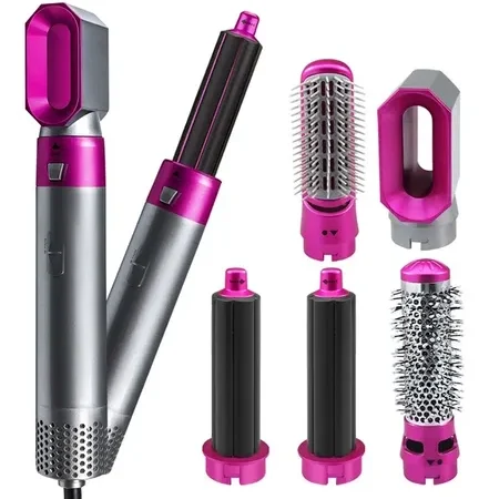 Escova Secadora de Cabelo 5 em 1 Multifuncional Pink/Prata – Secagem, Alisamento e Modelagem – 110V