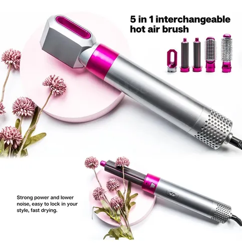 Escova Secadora de Cabelo 5 em 1 Multifuncional Pink/Prata – Secagem, Alisamento e Modelagem – 110V