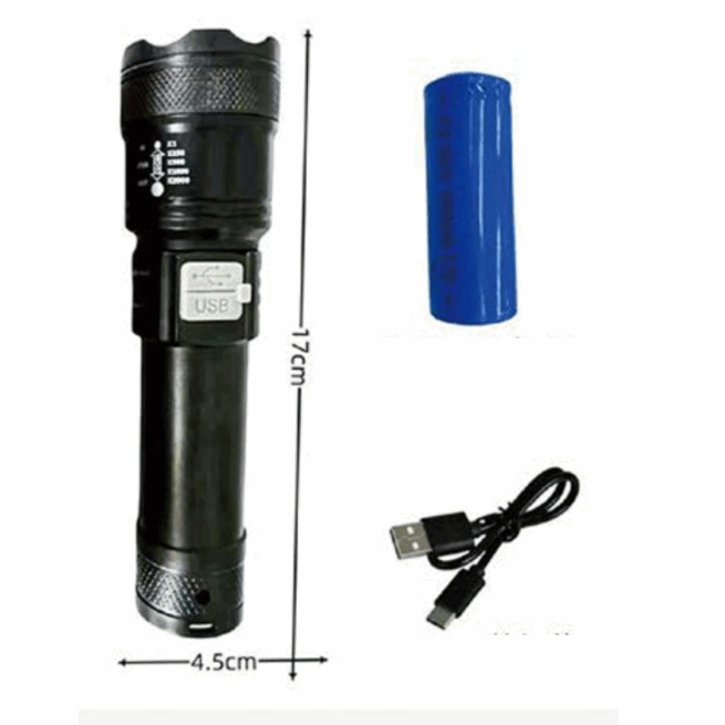 Lanterna Tática com Zoom Telescópico, Carregamento USB – Modelo LAN-7059 – Branco