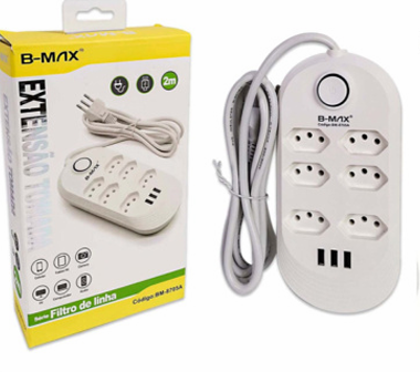 Filtro de Linha com 6 Tomadas e 3 USB-A, 2 Metros Bivolt - BM-8705A