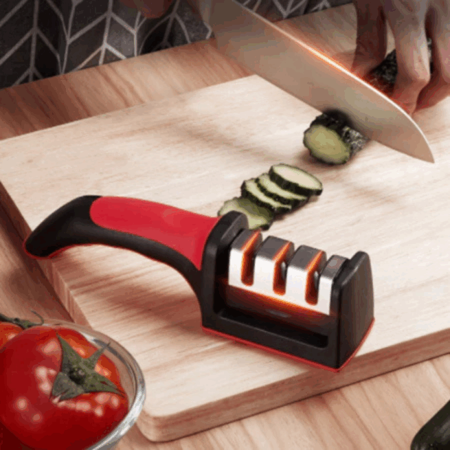 Afiador Amolador de Facas Profissional em Aço Inox com 3 Pontos de Afiar e Base Emborrachada – Corte Preciso