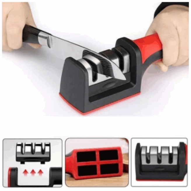 Afiador Amolador de Facas Profissional em Aço Inox com 3 Pontos de Afiar e Base Emborrachada – Corte Preciso