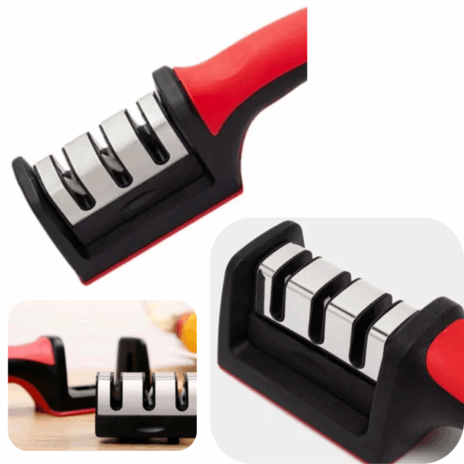 Afiador Amolador de Facas Profissional em Aço Inox com 3 Pontos de Afiar e Base Emborrachada – Corte Preciso