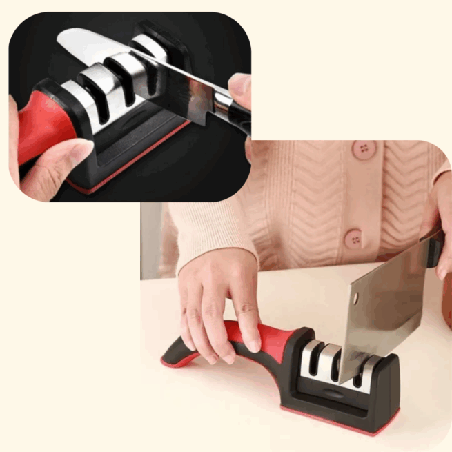 Afiador Amolador de Facas Profissional em Aço Inox com 3 Pontos de Afiar e Base Emborrachada – Corte Preciso