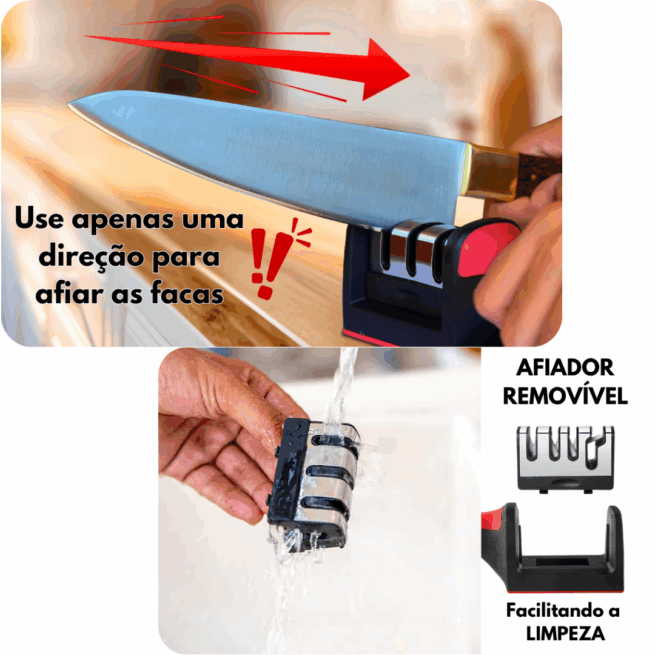 Afiador Amolador de Facas Profissional em Aço Inox com 3 Pontos de Afiar e Base Emborrachada – Corte Preciso