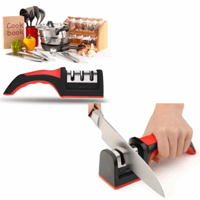 Afiador Amolador de Facas Profissional em Aço Inox com 3 Pontos de Afiar e Base Emborrachada – Corte Preciso