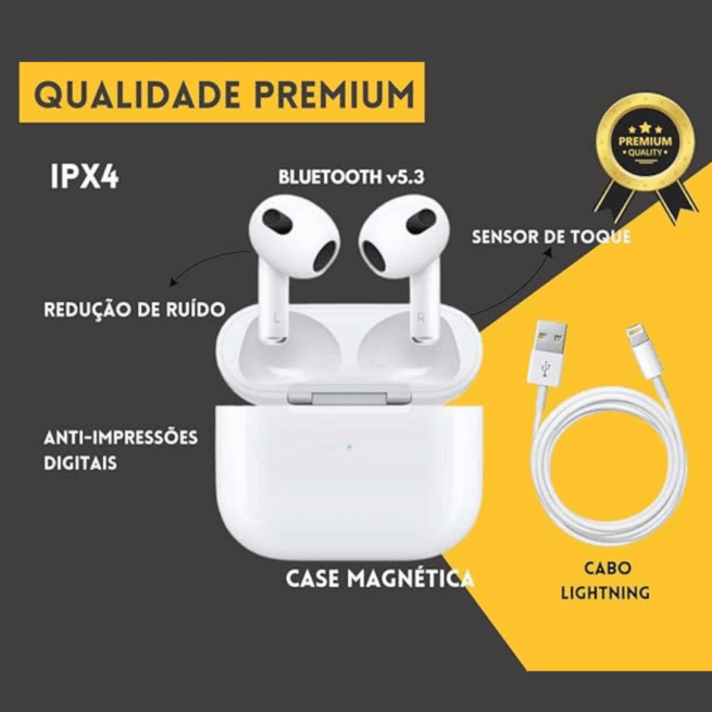 Fone AirPods Pro 3 com Estojo de Recarga Lightning – Linha Premium – Branco – Qualidade de Som Superior
