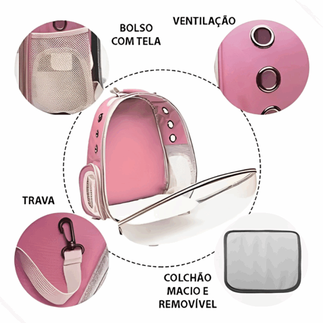 Mochila Pet para Transporte de Cães e Gatos com Visão Ampla – Rosa – Segurança e Comodidade