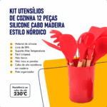 Conjunto de Utensílios de Cozinha 12 Peças em Silicone e Cabo de Madeira – Vermelho – Durabilidade e Design