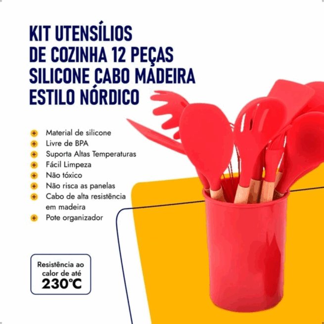 Conjunto de Utensílios de Cozinha 12 Peças em Silicone e Cabo de Madeira – Vermelho – Durabilidade e Design