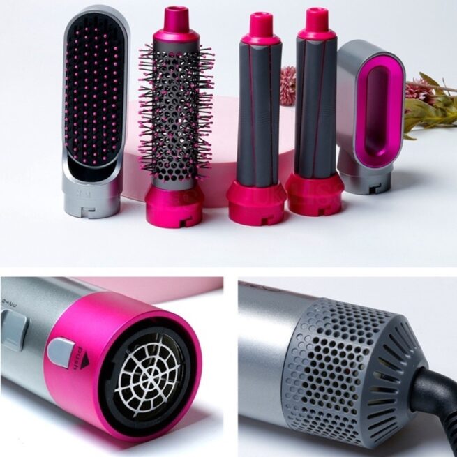 Escova Secadora de Cabelo 5 em 1 Multifuncional Pink/Prata – Secagem, Alisamento e Modelagem – 110V