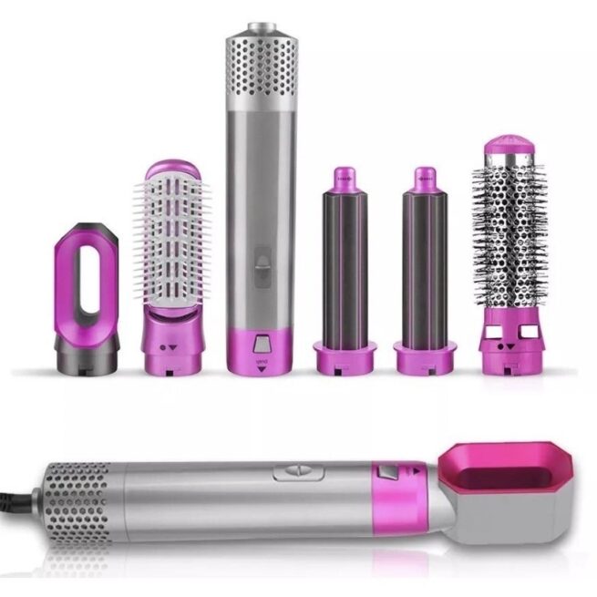 Escova Secadora de Cabelo 5 em 1 Multifuncional Pink/Prata – Secagem, Alisamento e Modelagem – 110V