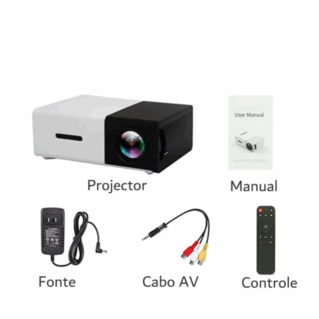Mini Projetor Portátil LED 1080p com Saída HDMI – 600 Lumens – Preto/Branco