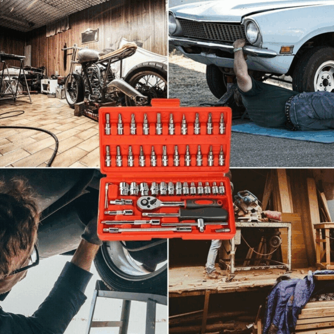 Jogo de Ferramentas 46 Peças com Soquete 1/4, Catraca e Maleta – Vermelha