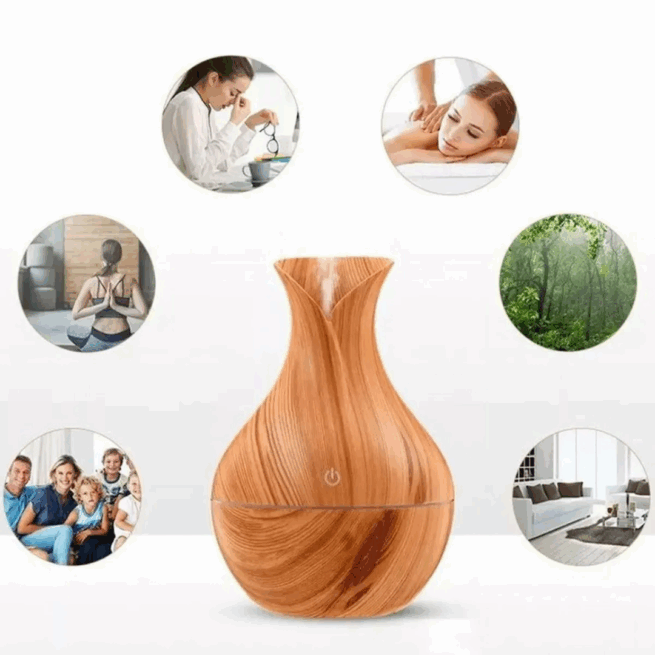 Umidificador de Ar Ultrassônico com Difusor de Aromas e Iluminação LED em Madeira – Bivolt – Ambiente Aconchegante