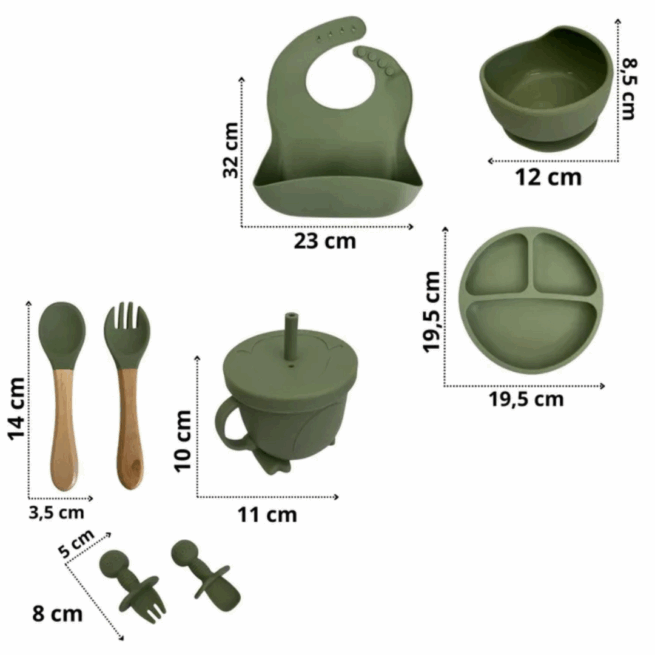 Jogo de Introdução Alimentar para Bebê com Utensílios em Silicone Premium 8 Peças - Verde Escuro
