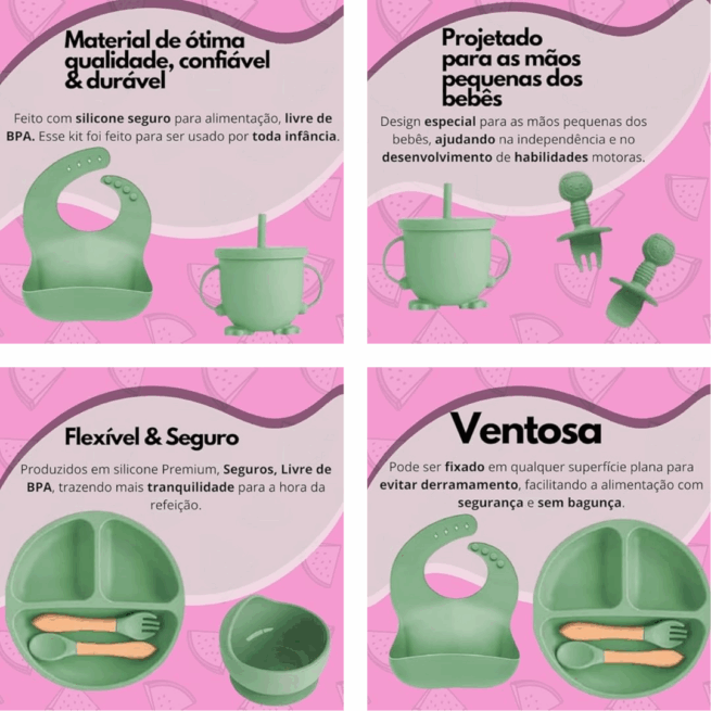 Jogo de Introdução Alimentar para Bebê com Utensílios em Silicone Premium 8 Peças - Verde Escuro