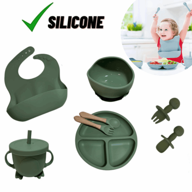 Jogo de Introdução Alimentar para Bebê com Utensílios em Silicone Premium 8 Peças - Verde Escuro