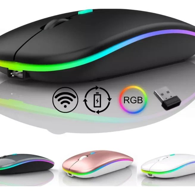 Mouse Recarregável Wireless Bluetooth RGB 2.4GHz 1600 DPI – Alcance de 10 metros – Compatível com PC e Mac