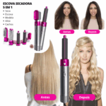 Escova Secadora de Cabelo 5 em 1 Multifuncional Pink/Prata – Secagem, Alisamento e Modelagem – 110V