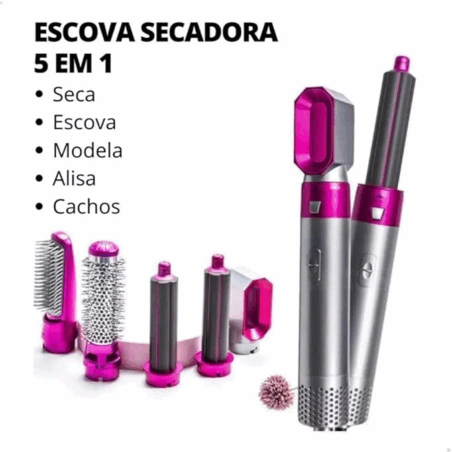 Escova Secadora de Cabelo 5 em 1 Multifuncional Pink/Prata – Secagem, Alisamento e Modelagem – 110V