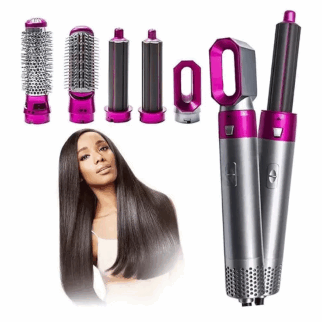 Escova Secadora de Cabelo 5 em 1 Multifuncional Pink/Prata – Secagem, Alisamento e Modelagem – 110V