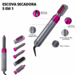 Escova Secadora de Cabelo 5 em 1 Multifuncional Pink/Prata – Secagem, Alisamento e Modelagem – 110V