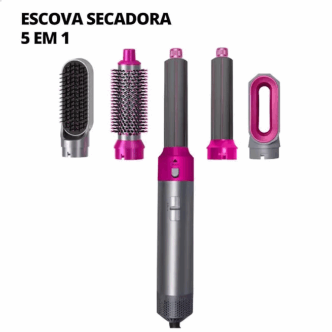 Escova Secadora de Cabelo 5 em 1 Multifuncional Pink/Prata – Secagem, Alisamento e Modelagem – 110V