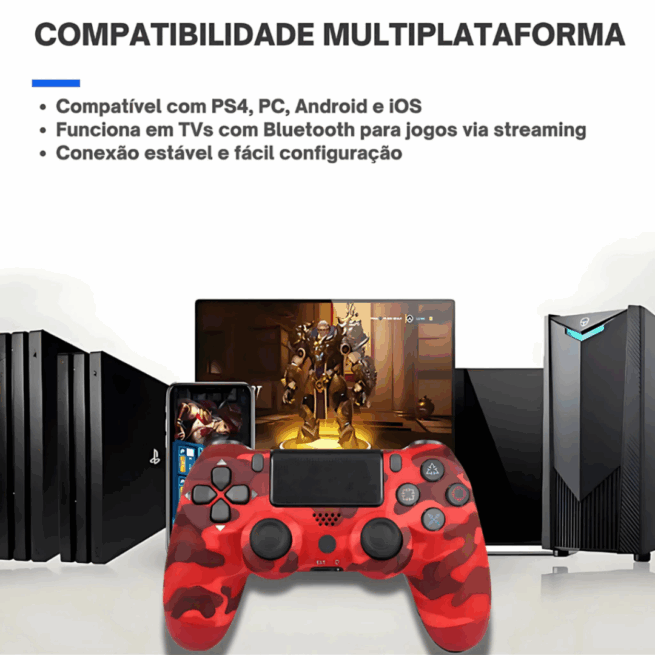 Controle Sem Fio PS4 Bluetooth Joystick Gamer Vermelho Camuflado – Recarregável