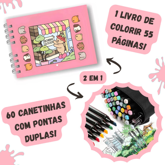 Kit Livro para Colorir Bobbie Goods Rosa com 60 Canetas – Criatividade Garantida
