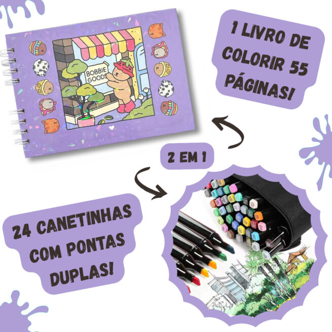 Kit Livro para Colorir Bobbie Goods Roxo com 24 Canetas – Estímulo à Imaginação