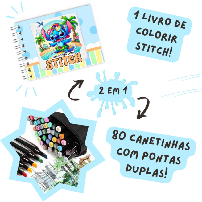 Kit Livro para Colorir Lilo Stitch Azul com 80 Canetas – Arte e Diversão para Crianças