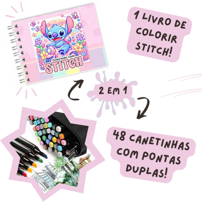 Kit Livro para Colorir Lilo Stitch Rosa com 48 Canetas – Criatividade e Diversão