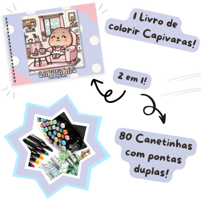 Kit Livro para Colorir CAPIVARA (Roxo) + 80 Canetas