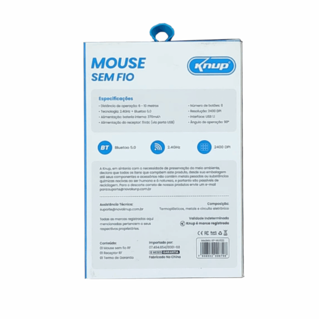 Mouse Sem Fio Bluetooth 5.0 Knup Ergonômico 2400 DPI – Branco – Modelo KP-MU022