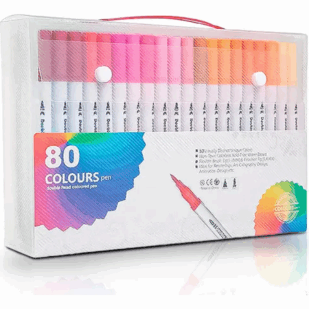 Conjunto de Caneta Colorir Desenhos Ponta Dupla 2 Traços 80 Unidades com Maletinha Transparente – Praticidade e Organização