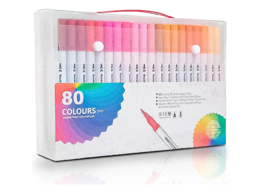 Conjunto de Caneta Colorir Desenhos Ponta Dupla 2 Traços 80 Unidades com Maletinha Transparente – Praticidade e Organização