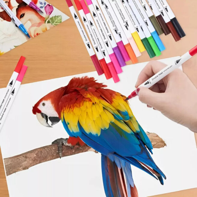 Conjunto de Caneta Colorir Desenhos Ponta Dupla 2 Traços 80 Unidades com Maletinha Transparente – Praticidade e Organização