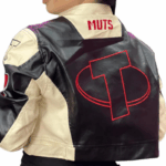 Jaqueta Feminina Muts Courino Curta Cropped com Estampa e Zíper – Bege e Preta – Tam M